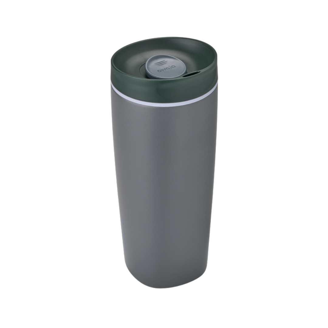 SmoothSip Slider 20oz in Off the Grid, dark charcoal grey body with dark green lid, light purple accent ring below the lid, and grey slider button