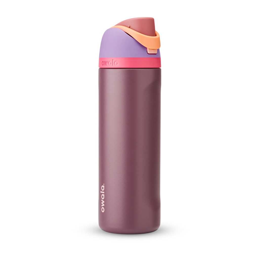 FreeSip 24oz in Lilac Dream, deep plum body with mauve flip cap, lavender lid, hot pink accent band, and orange carry loop