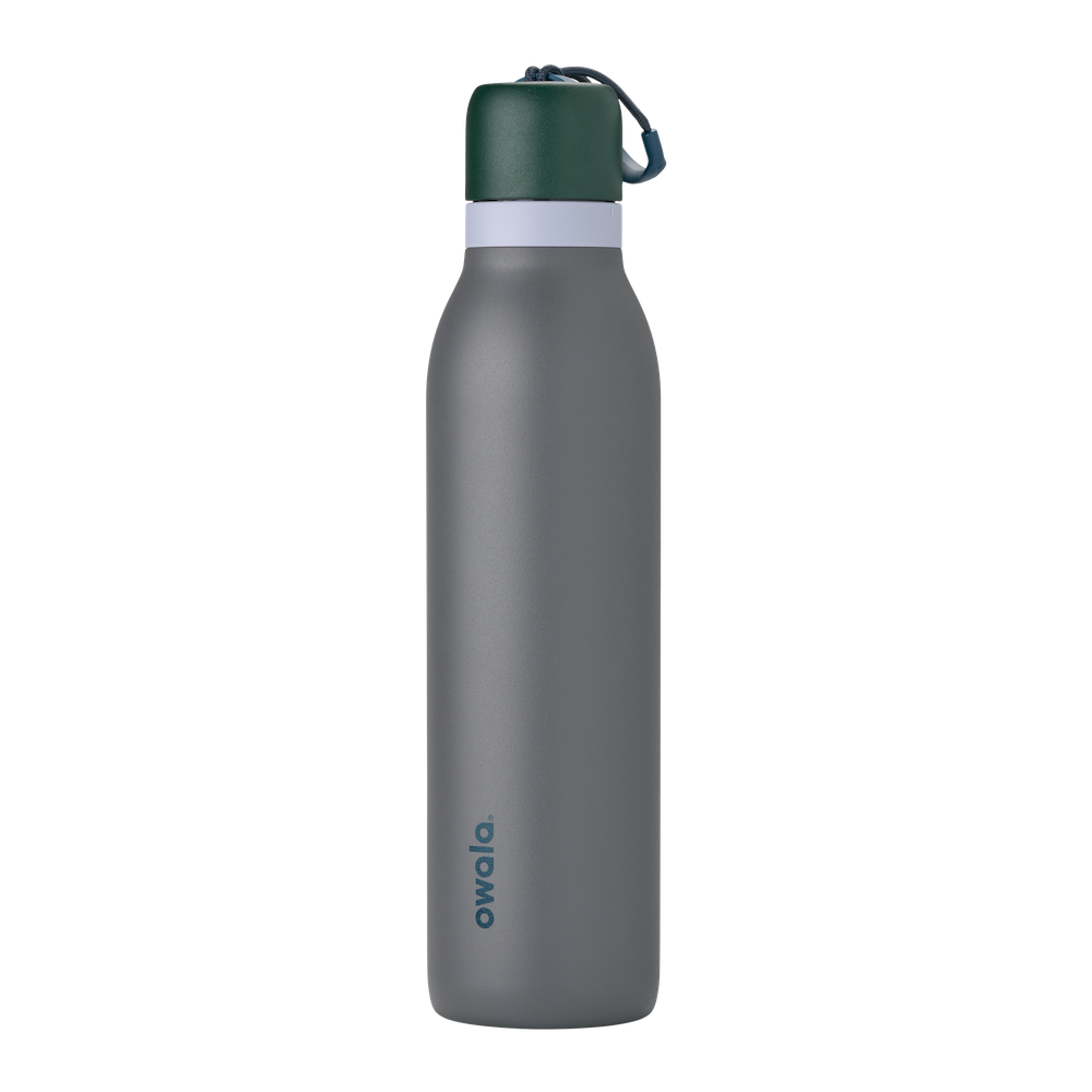 FreeSip Twist UK 24oz, slate gray insulated water bottle with dark forest green twist cap and gray carry loop