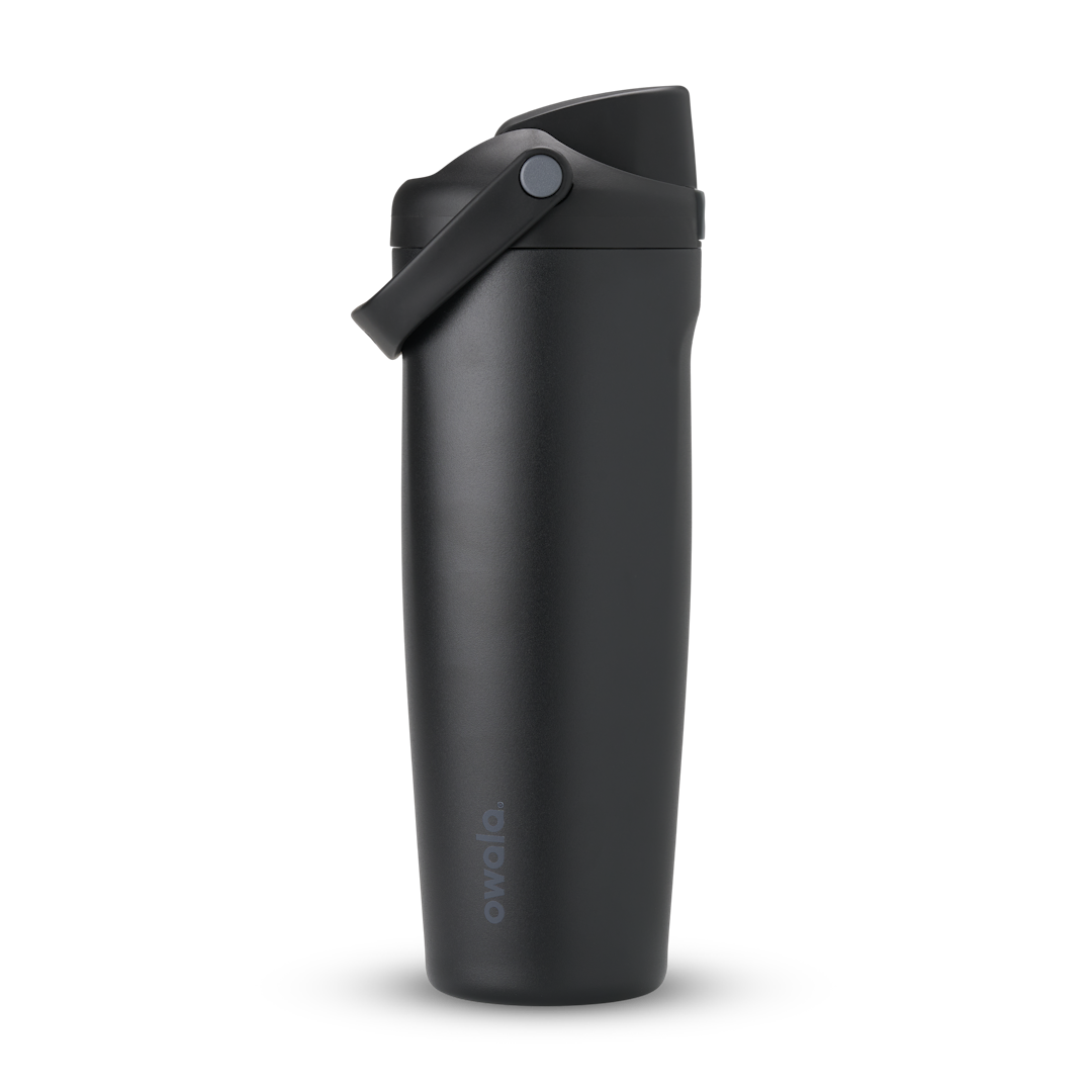 FreeSip Sway 32oz in Very Very Dark, all-black insulated water bottle with matching black flip cap and carry loop, lid open