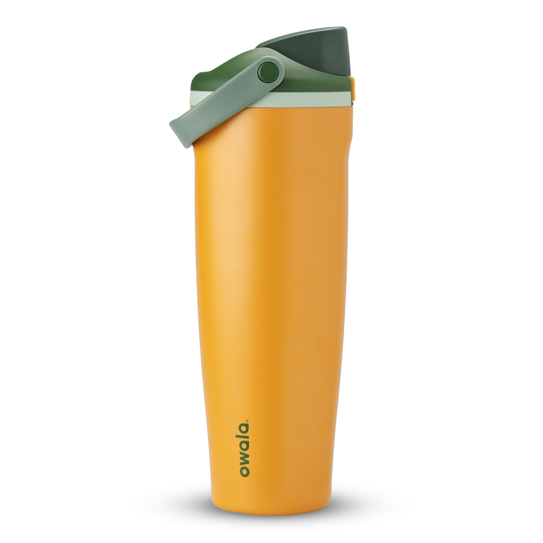 FreeSip Sway 40oz in Orange Grove, bright orange insulated water bottle with dark forest green flip cap, sage green carry loop and pale mint accent, lid open
