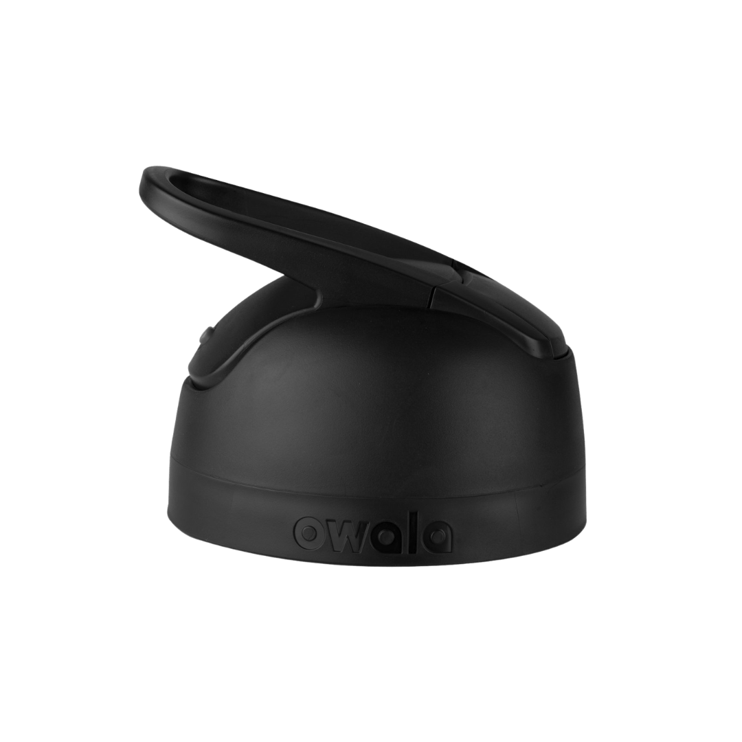 Owala flip cap replacement lid in Very, Very Dark, all-matte black body with flip cap open showing dark interior