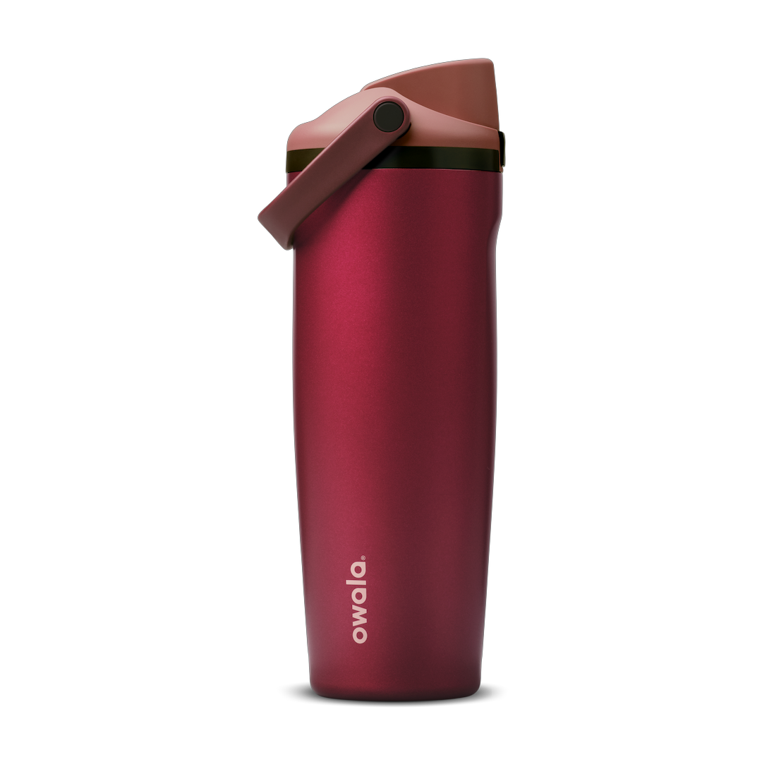 FreeSip Sway 30oz Poinsettia; deep crimson red body with dusty rose flip cap, dark burgundy carry loop, and dark burgundy lid accent ring