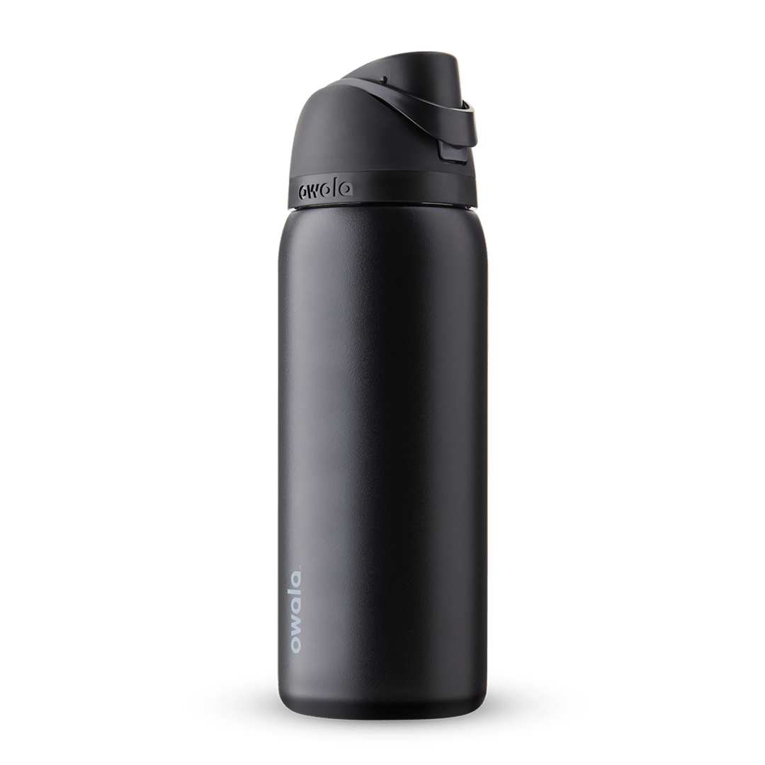 FreeSip 32oz in Very, Very Dark, all-black insulated bottle with matching black flip cap, carry loop, and lid