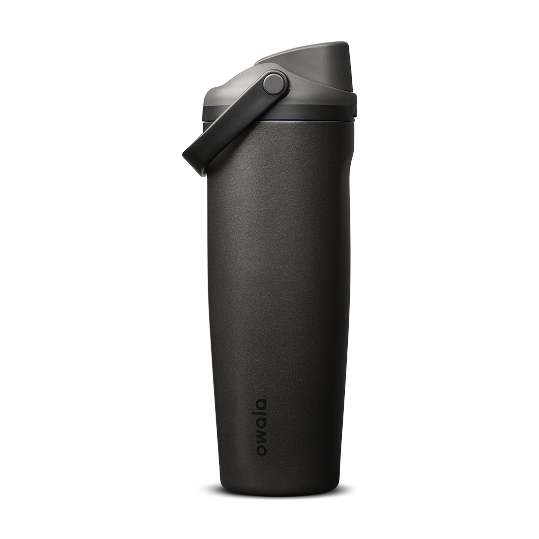 FreeSip Sway 30oz in Nailed It, deep charcoal black insulated water bottle with matching dark flip cap and carry loop
