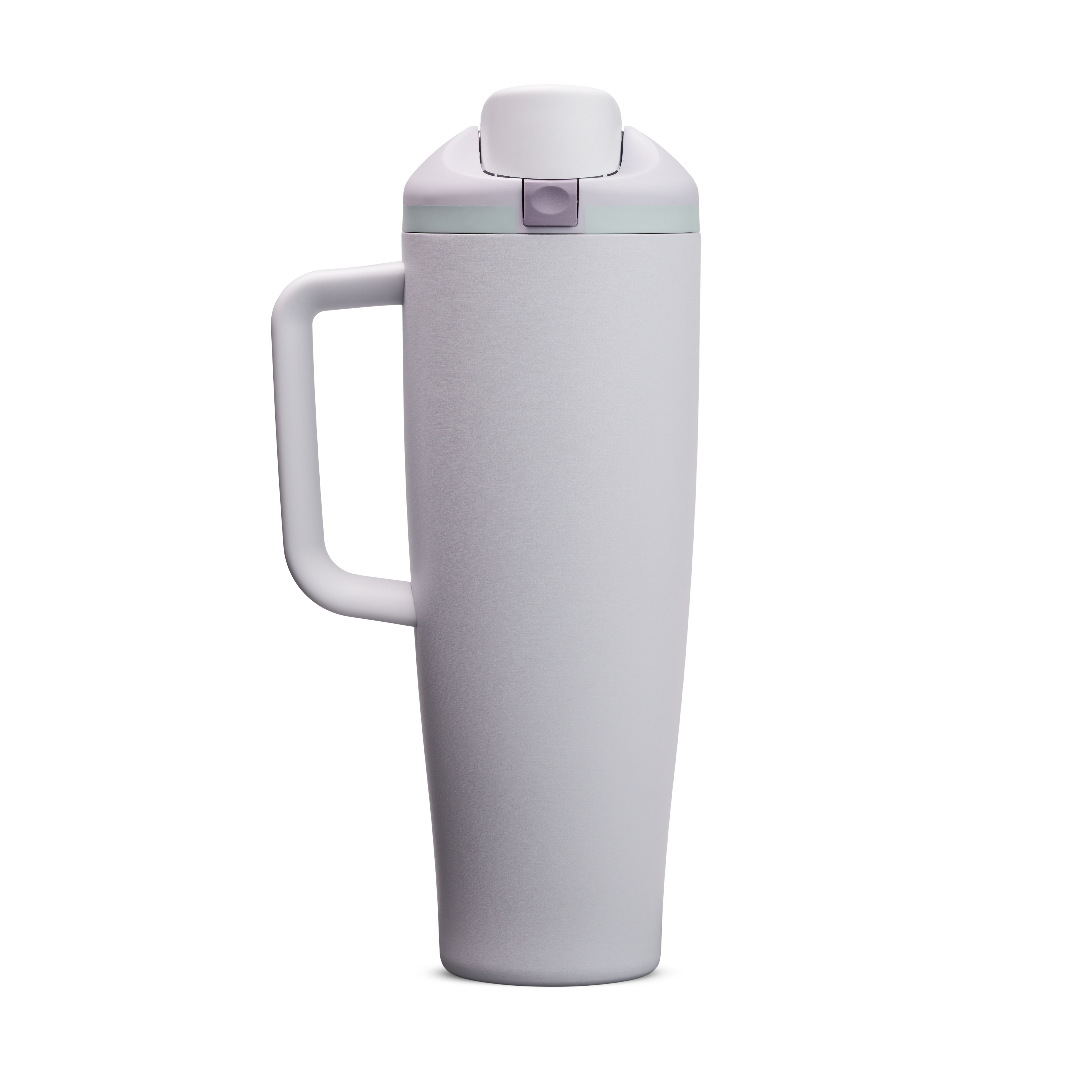 FreeSip Tumbler 40oz Open Air, pale lavender/light purple body with matching lavender flip cap, light blue accent band, and lavender handle