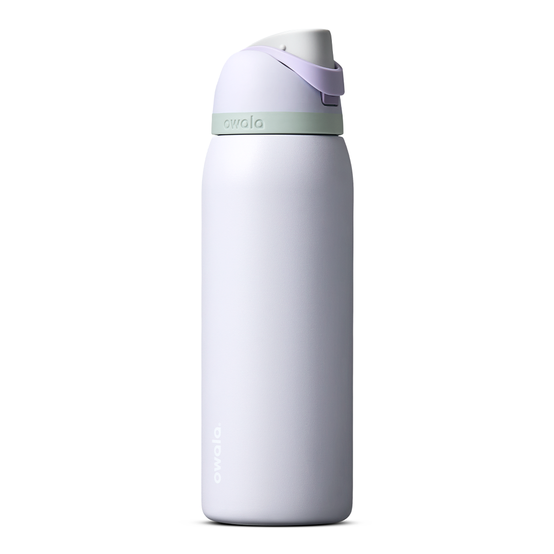 FreeSip 40oz in Open Air, pale periwinkle lavender insulated bottle with lavender flip cap and mint green carry loop