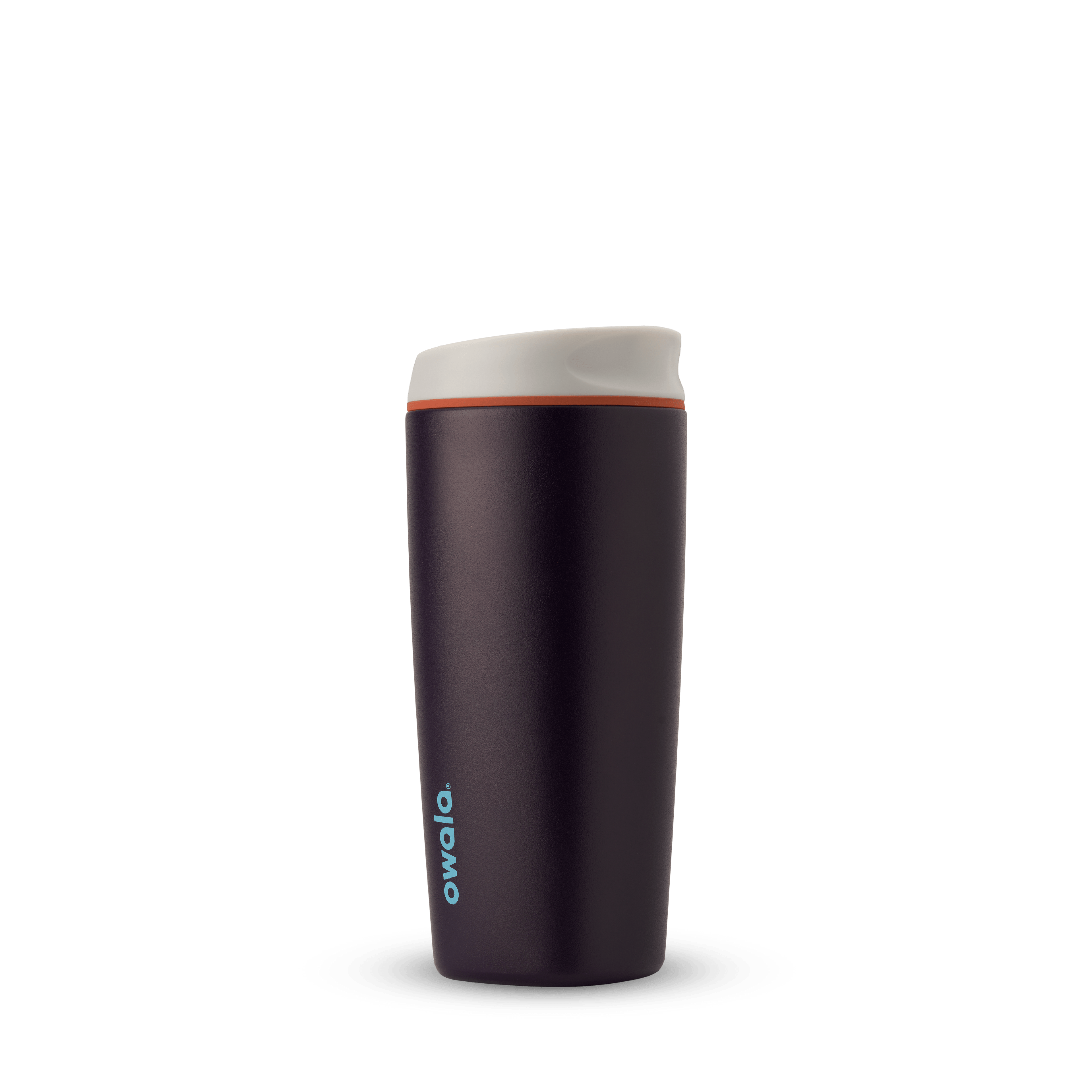 SmoothSip 20oz in Telescope Tales, deep eggplant purple body with off-white cream flip-style lid, orange accent ring, and bright cyan blue Owala logo