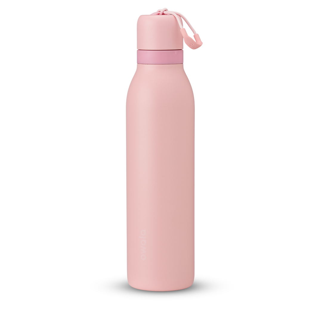 FreeSip Twist UK 24oz, pale pink insulated water bottle with matching pink twist cap and carry loop