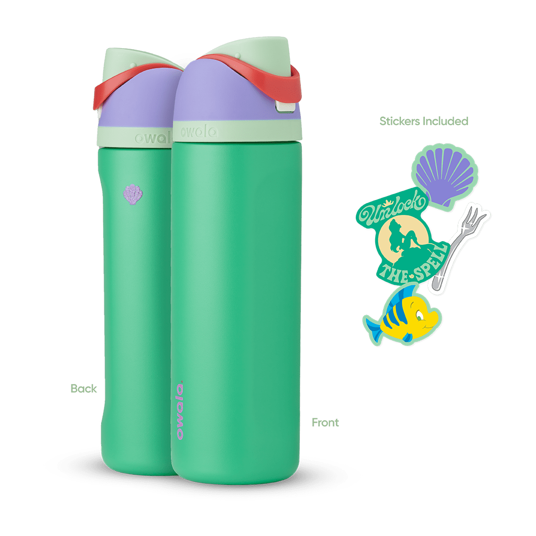 FreeSip 24oz in Ariel, mint green insulated bottle with light lavender flip cap, sage green lid, and red carry loop, shown front and back with included purple shell, "Unlock the Spell" silhouette, fork, and Flounder fish stickers