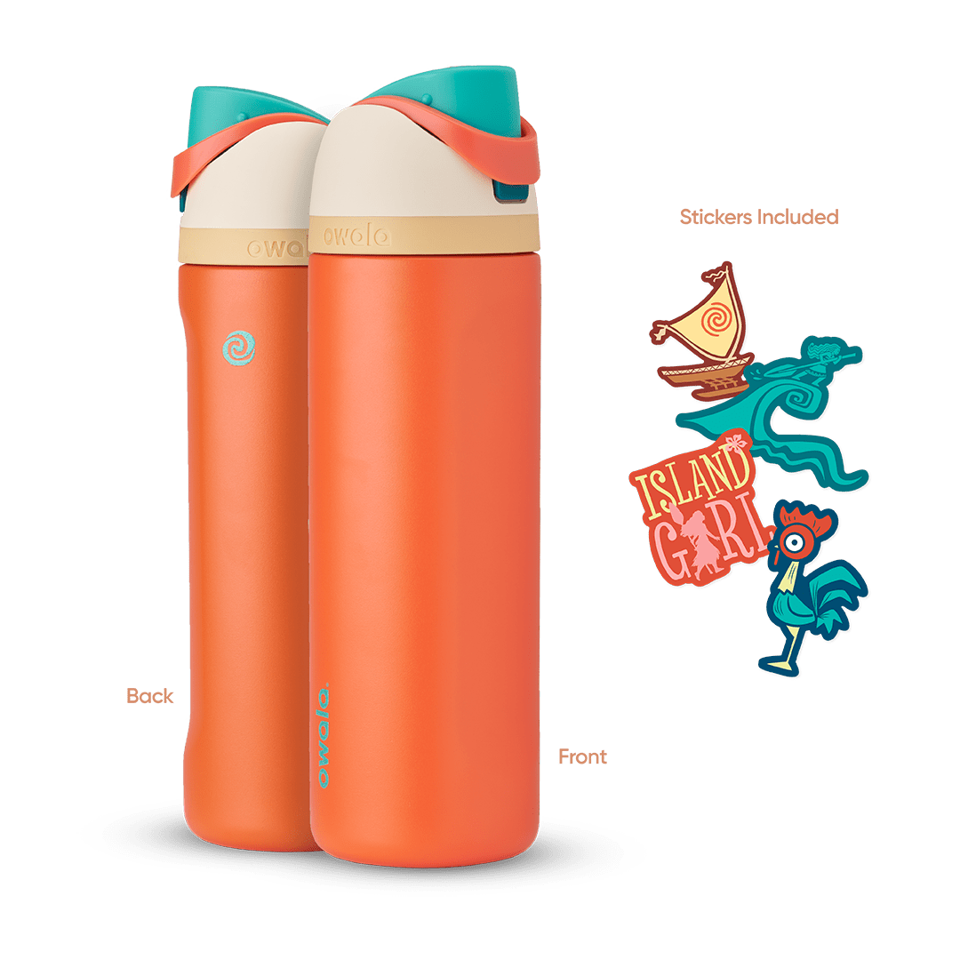 FreeSip 24oz in Moana, bright orange insulated bottle with teal flip cap, cream lid, tan accent band, and orange carry loop, shown front and back with included sailboat, teal wave, "Island Girl" silhouette, and Hei Hei rooster stickers