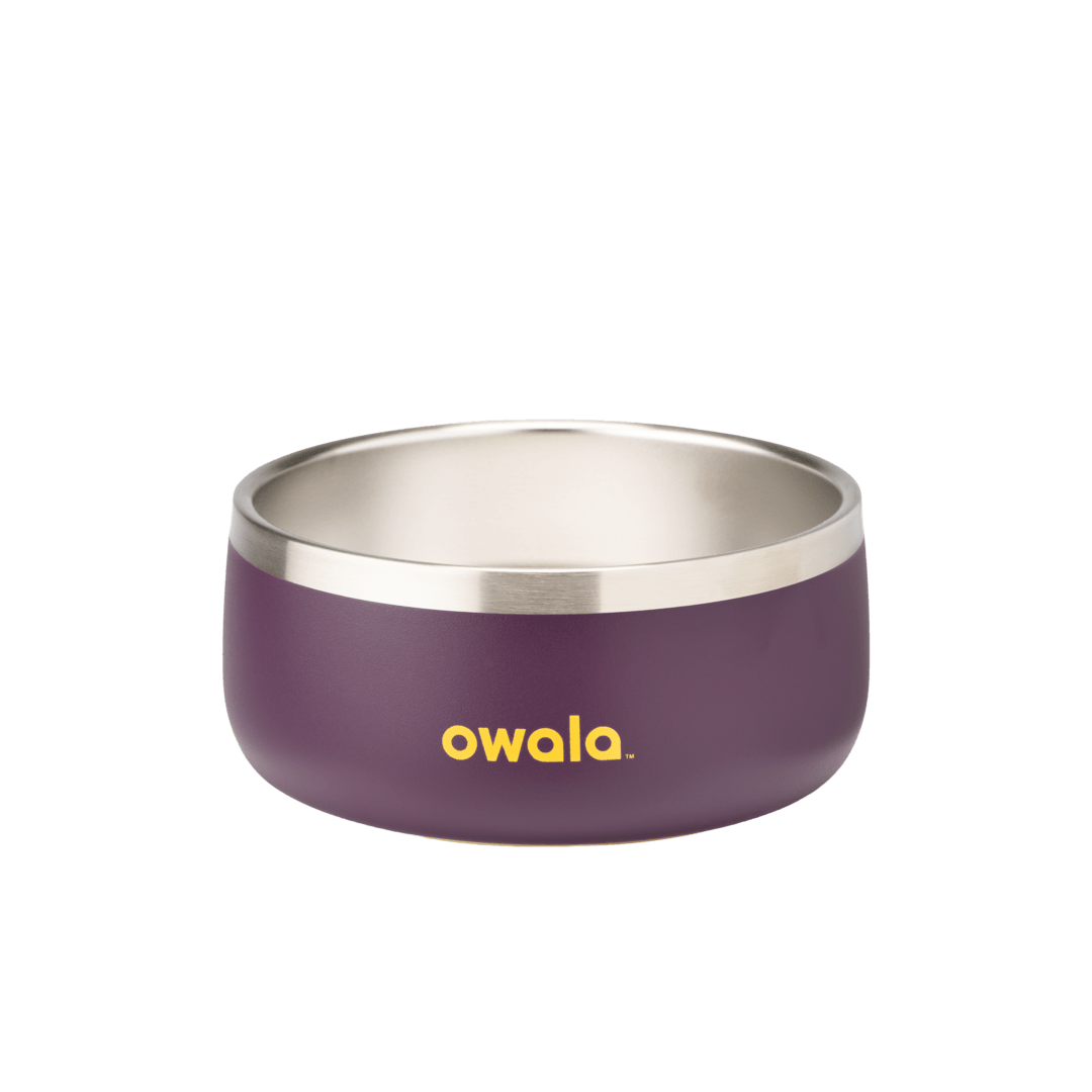 Pet Bowl 3-cup in Grapeful Fur You; matte deep purple cup exterior with stainless steel interior rim and yellow Owala logo on front